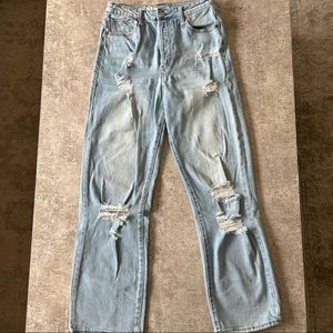 90s Style High Rise Distressed Straight Leg Jeans, Light Wash, Stretchy, Sz 9/29